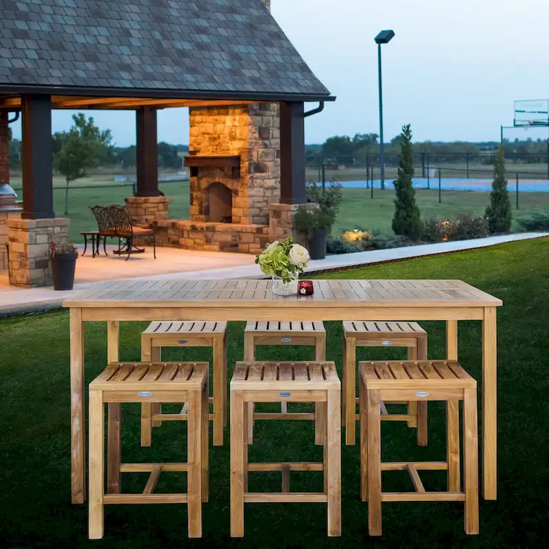Chic Teak 7 Piece Teak Wood Antigua Patio Counter Height Bistro Set with 71