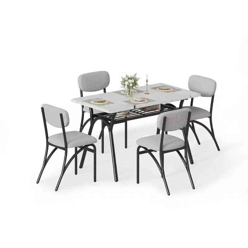4-Piece Kitchen Table Set with Boucle Chairs, Marble-Look Rectangular Dining Table with 4 Padded Armchairs, Compact Kitchen Set for Small Spaces