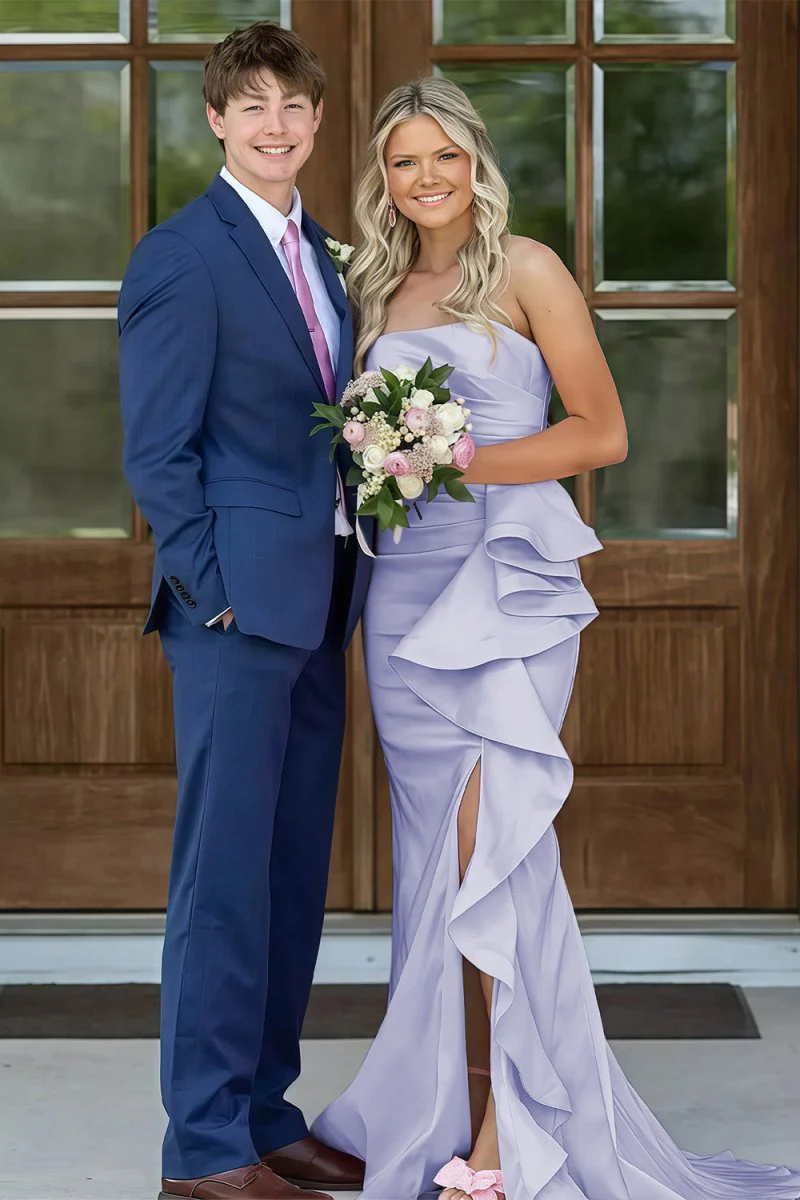 Pink Mermaid Strapless Satin Ruffled Long Prom Dresses with Slit