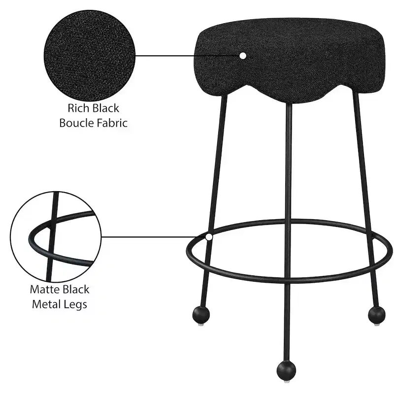 Black Boucle Velvet Round Counter Stool, Armless, Seats 1