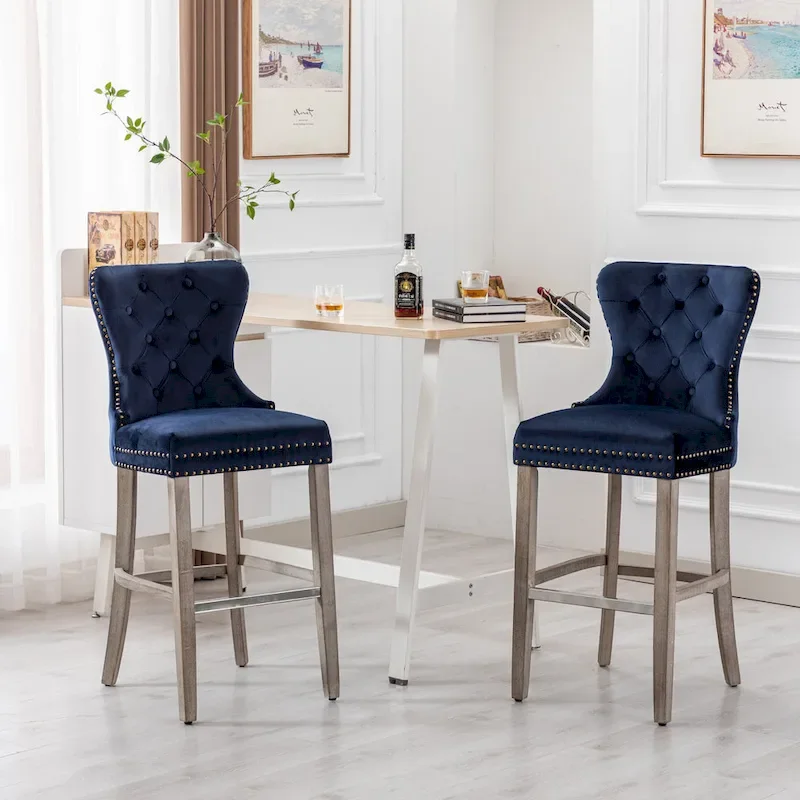 Carter 29 Wingback Tufted Nailhead Bar Stool (Set of 2), Antique Grey Legs