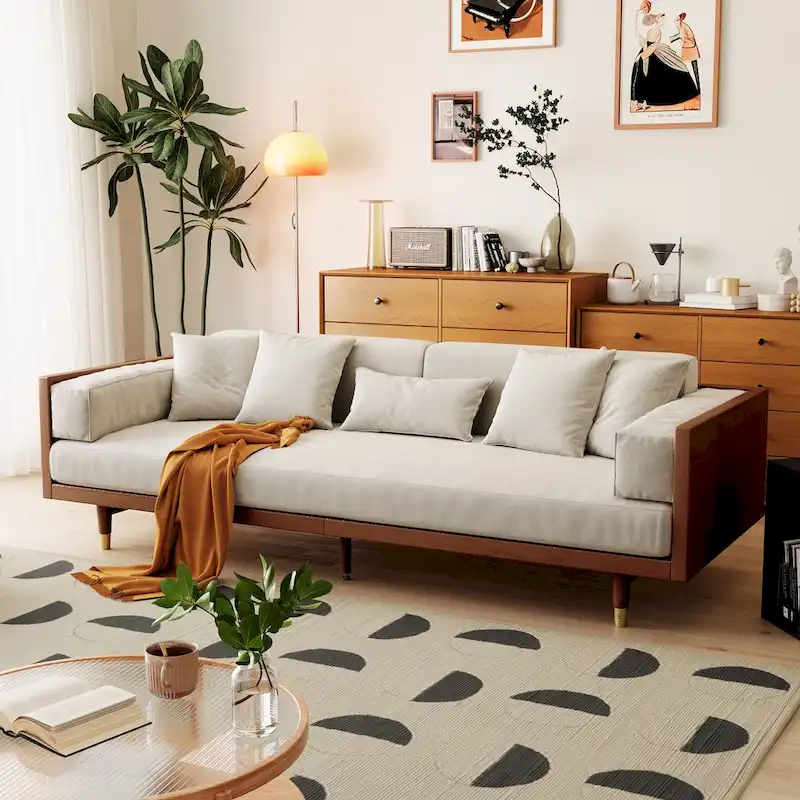 JASIWAY Modern 3-Seat Upholstered Cotton Linen Sofa,Beige