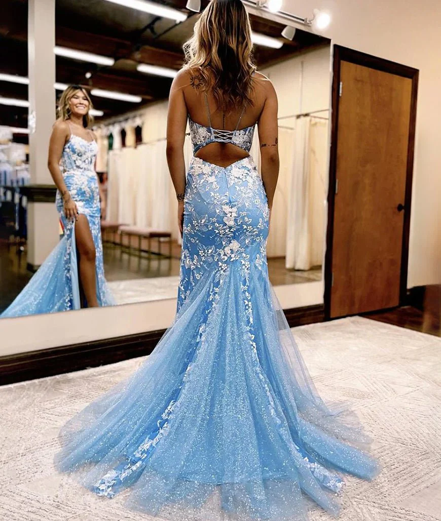 Mermaid Spaghetti Straps Lace Tulle Prom Dress with Slit