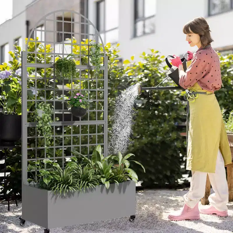 Iron Art Gray Arched Planter Box with Climbing Frame (Checkerboard Pattern) - 180x90x40cm