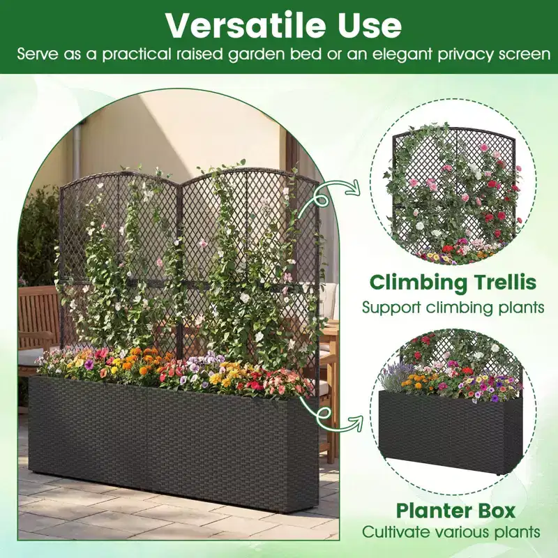 Costway 1/2 PCS 58 Raised Garden Bed with Trellis, Wicker Planter Box with Privacy Screen Brown/Black