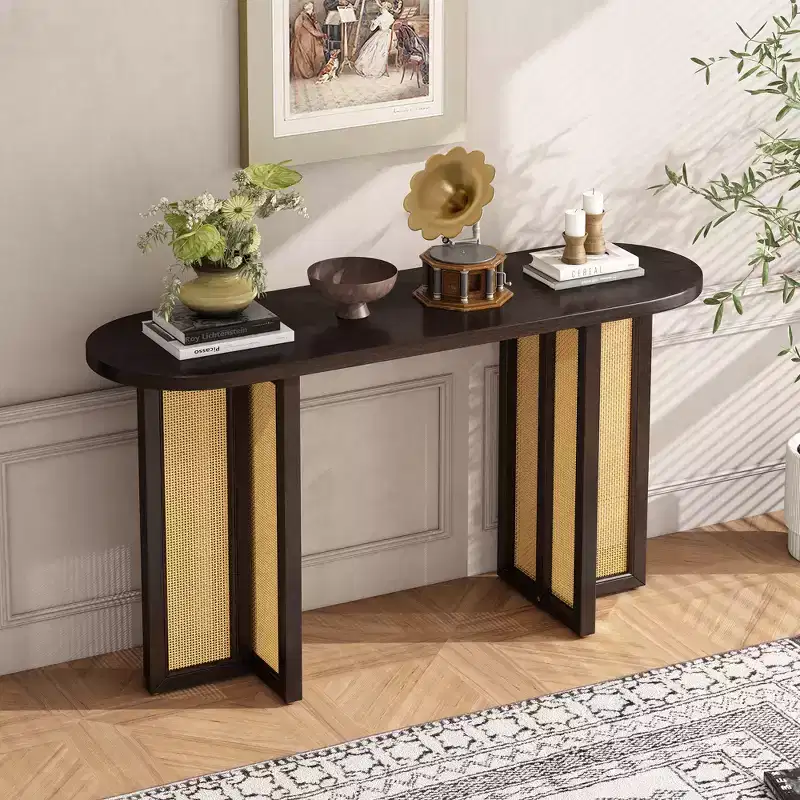 Rattan Console Table with Storage, Wood Narrow Entryway Table for Living Room and Hallway
