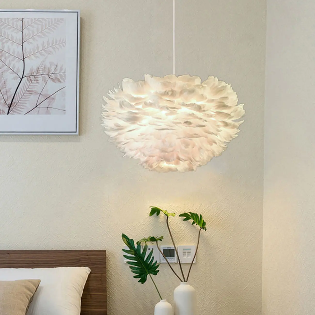 Modern White Feather Pendant Light Height Adjustable
