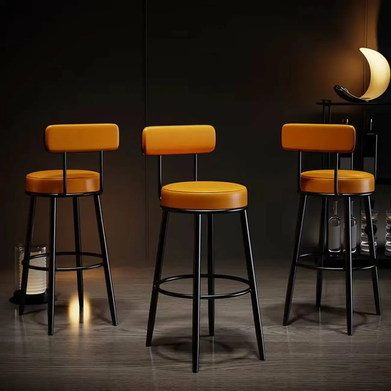 Modern Round Iron Open-Back Upholstered Bar Stool