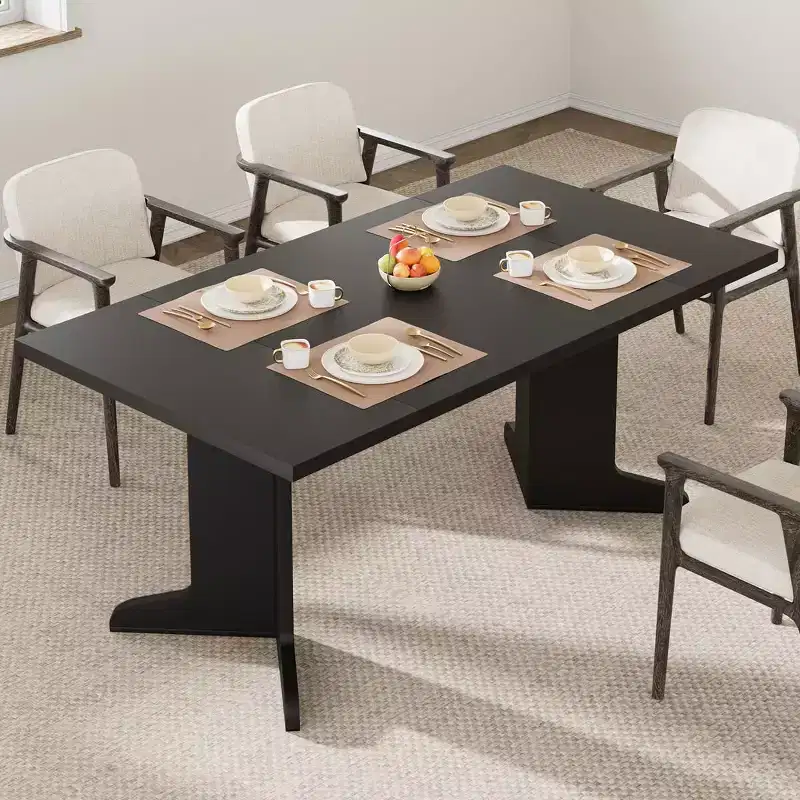 Large Dining Table for 6, Farmhouse Kitchen Table with Padded Top and Unique V-Shaped Feet, Rectangular Wooden Dining Table