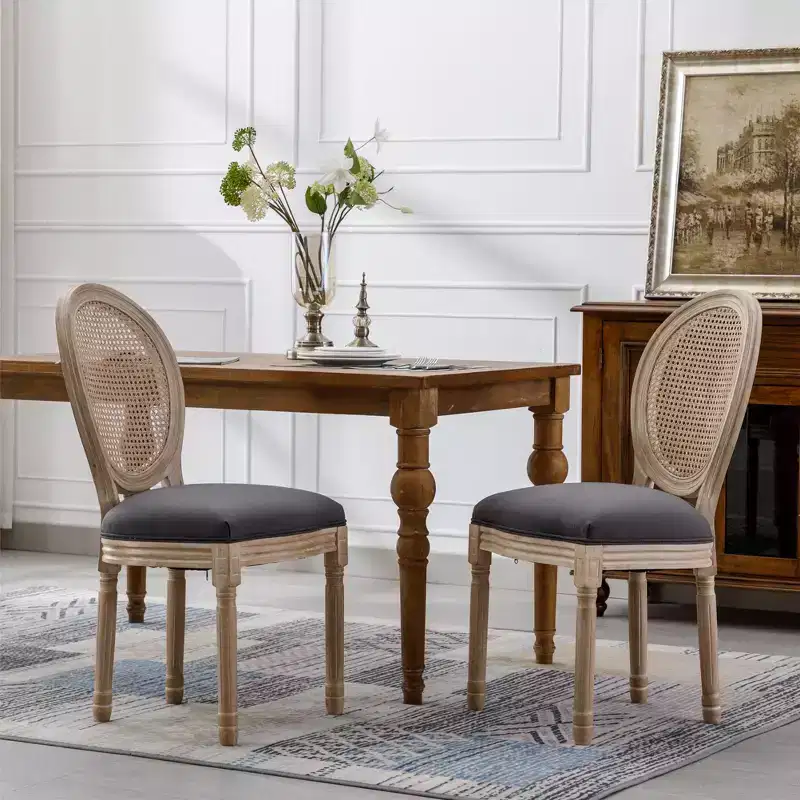 Dining Chairs Set of 2 French Country, Rattan Upholstered Vintage Farmhouse Fabric, Round Back, Solid Wood Legs, Grey