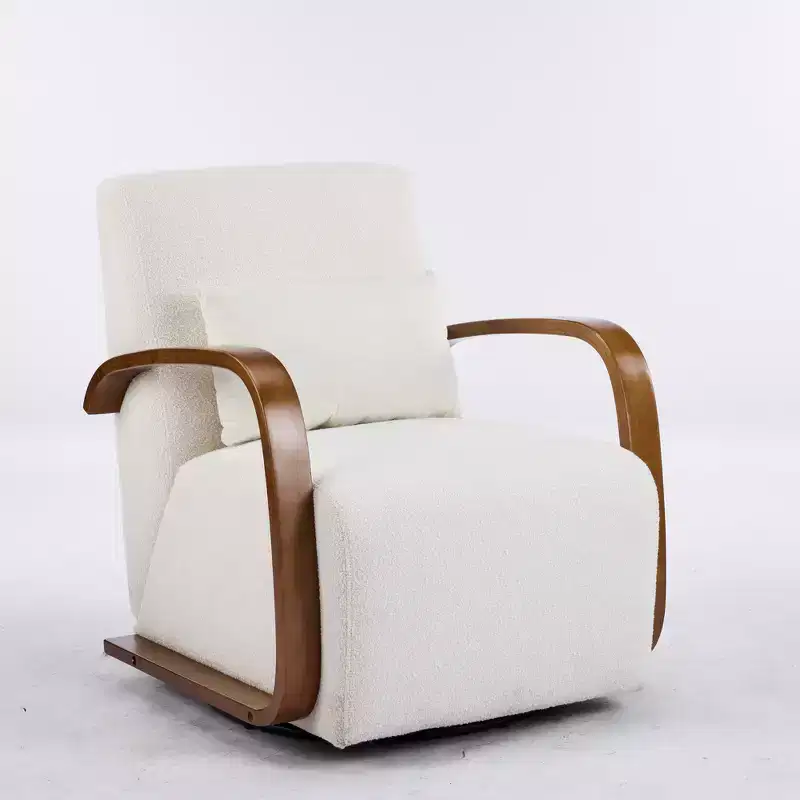 Zeus & Ruta Mid-Century Modern Cream Upholstered 360 Swivel Accent Chair with Solid Wood Curved Arms