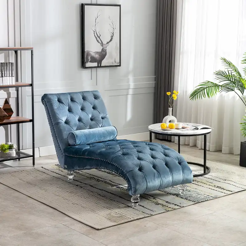 Velvet Tufted Chaise Lounge with Pillow – Light Blue / Black / Mustard / Emerald / Purple / Silver / Pink | Single