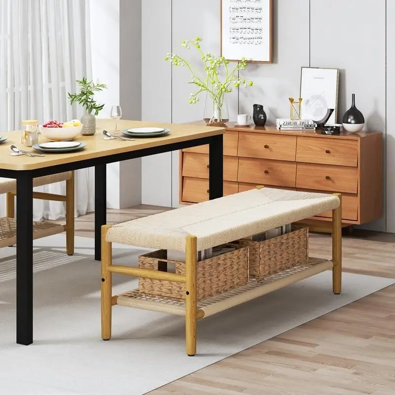 Rubber Wood Woven Rope Bench with 3 Storage Baskets – Natural, 2-Seat