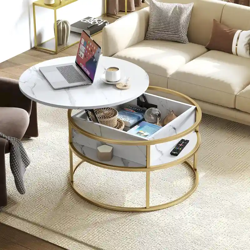 Round Lift Top Coffee Table White Marbling Top and Gold Frame