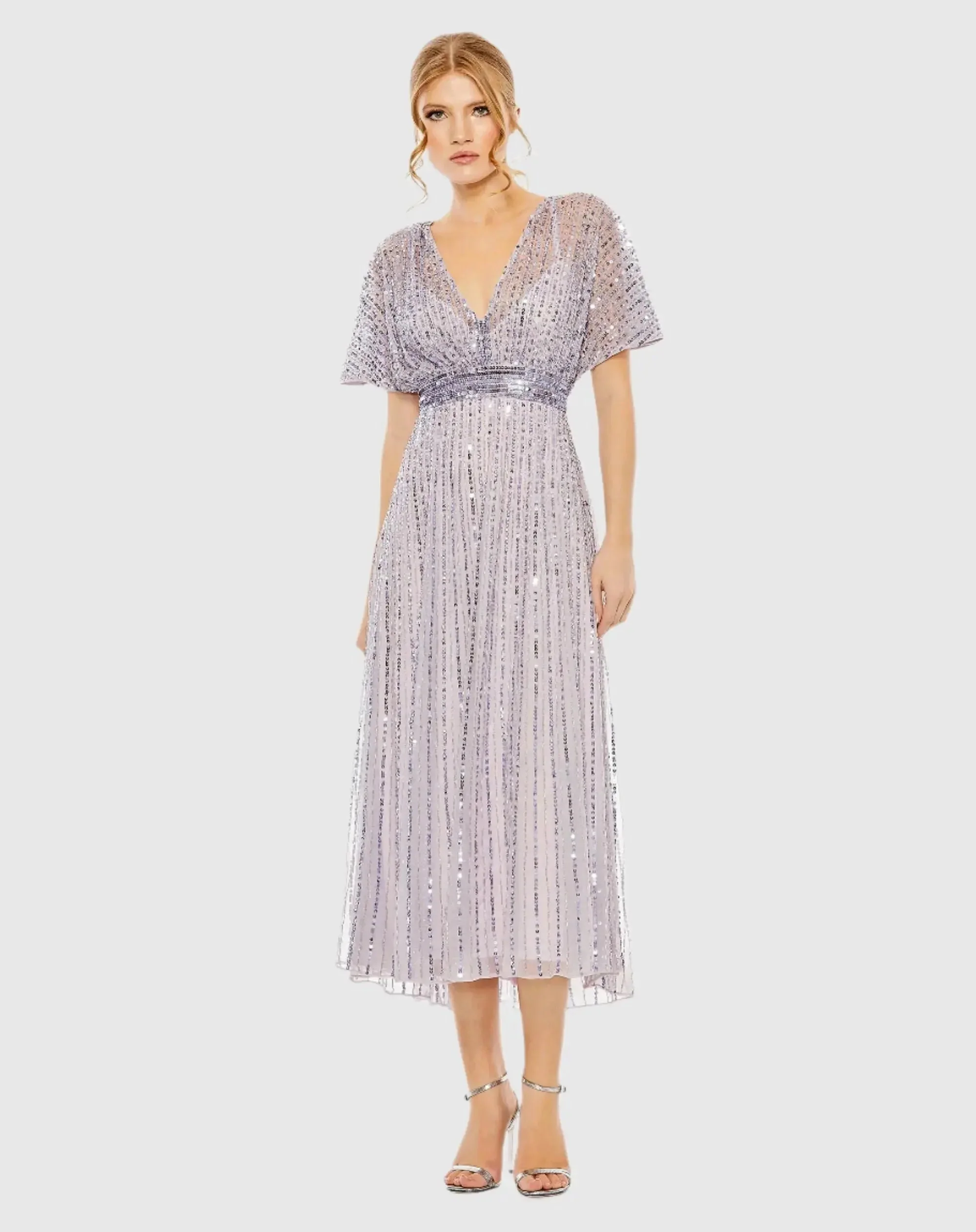 Purple Embellished Short Sleeve Empire Waist Dress