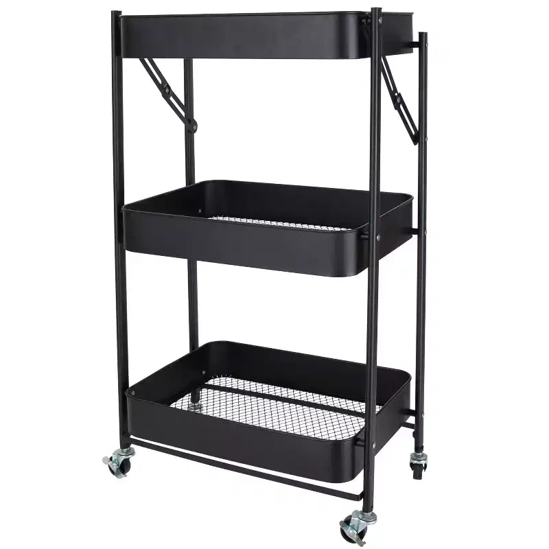 Organize It All 3 Tier Folding Metal Utility Storage Rolling Cart with Lockable Wheels Black