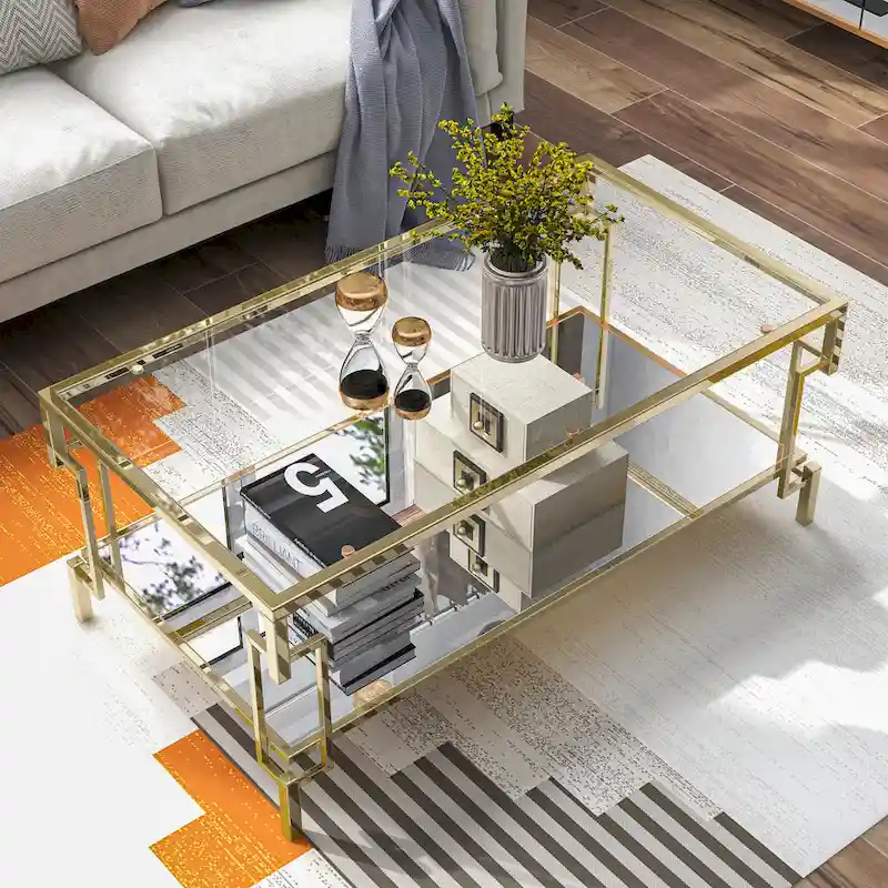 Champagne Geometric Glass Top Coffee Table, 1 Mirrored Shelf