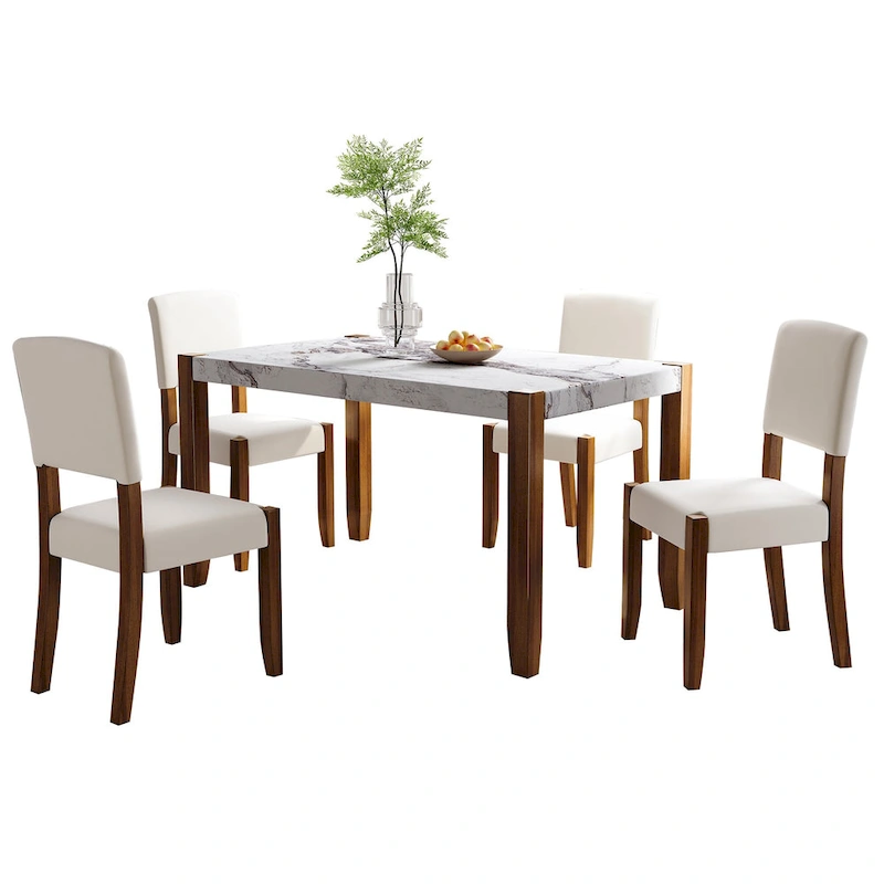 5 Piece Dining Table Set, 4 People Kitchen Dining Room Set with Faux Marble Style Table and 4 Upholstered Chairs
