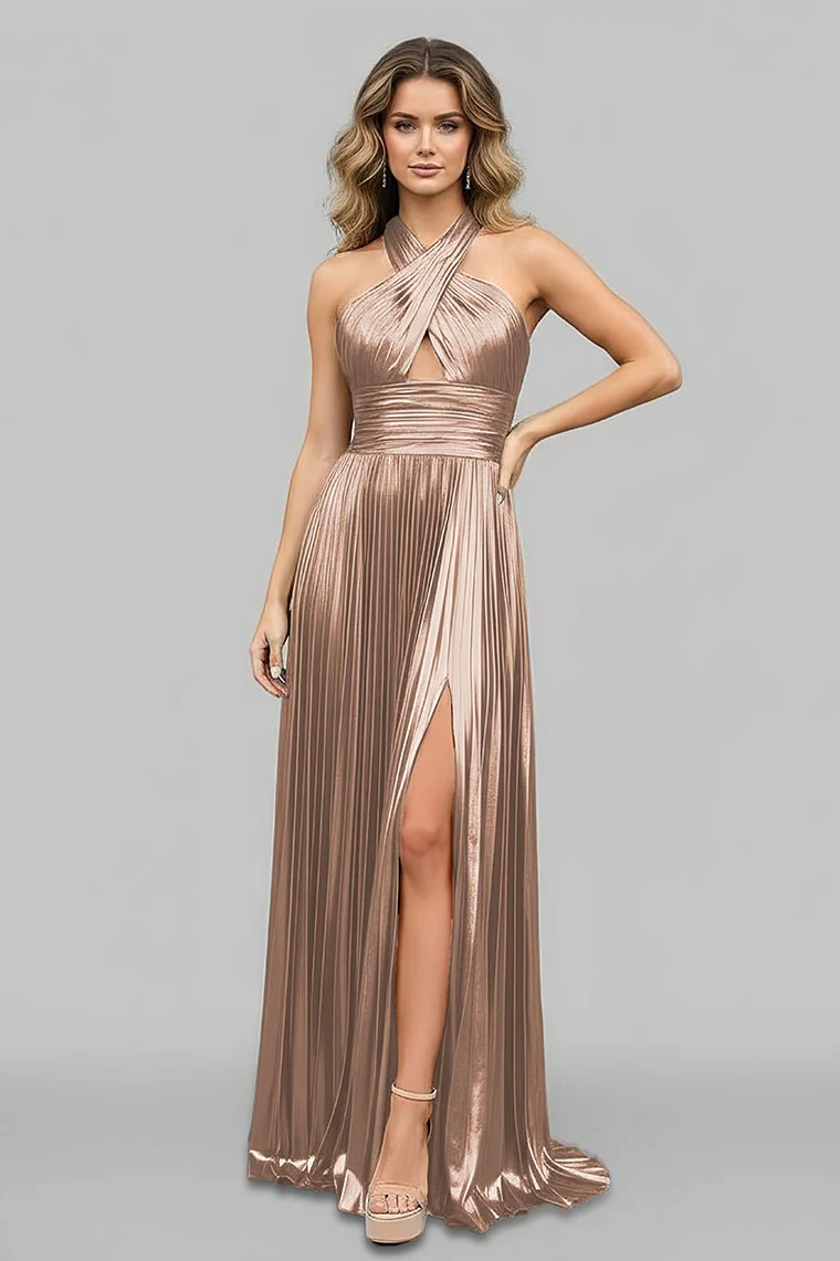 Peacock Blue Halter Neck A-Line Long Prom Dress With Split