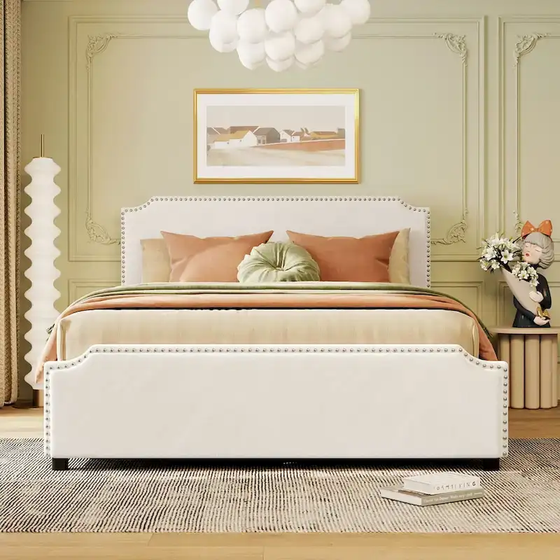 Upholstered Platform Bed with Stud Trim Headboard and Footboard