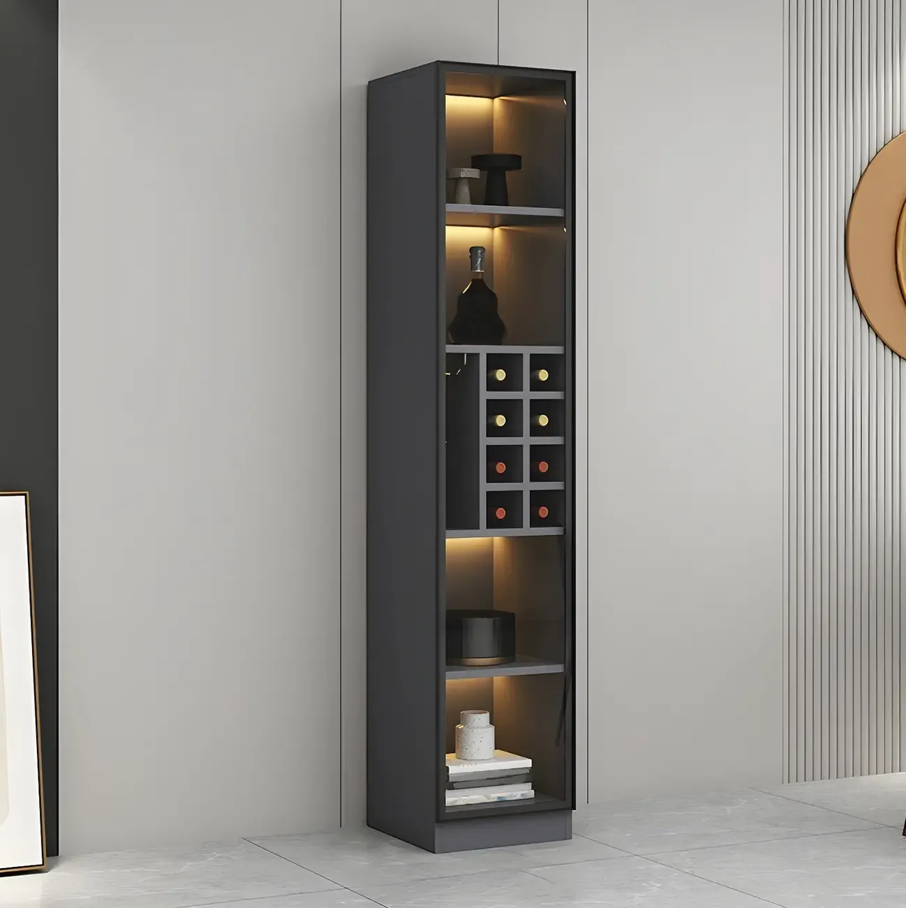 Lighting Modern Freestanding Black Wooden Wine Cabinet