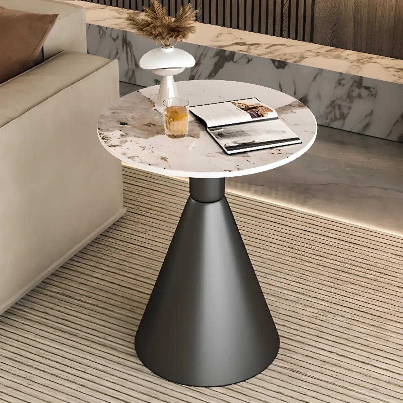 Modish Stone Round End Table with Metal Base
