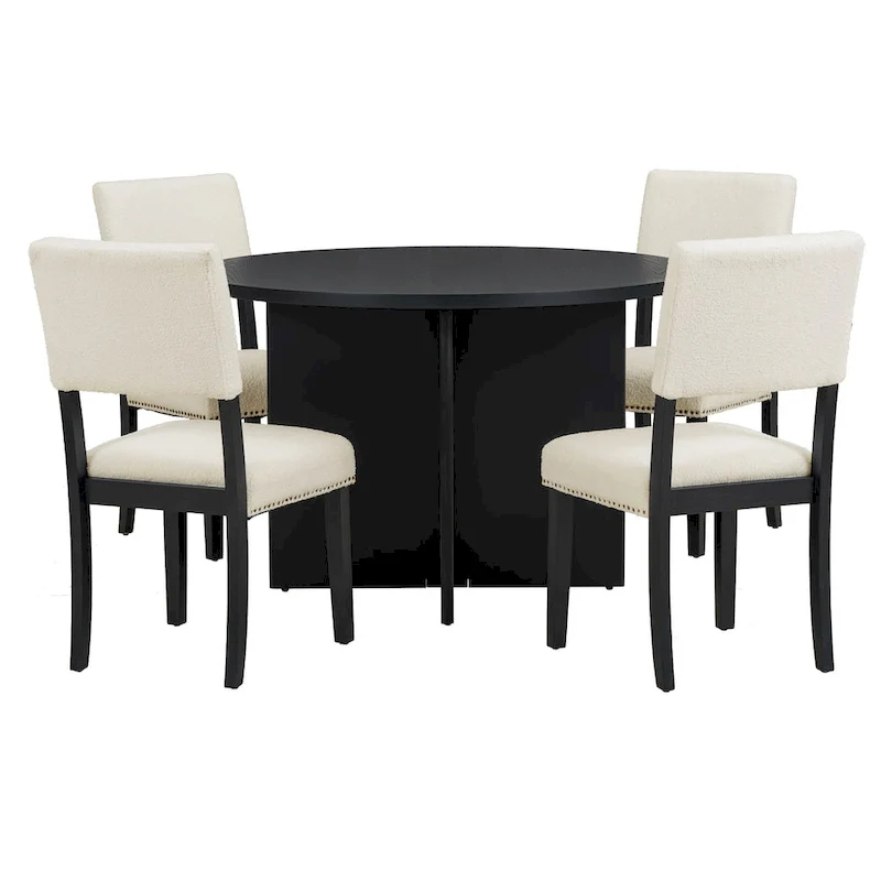 Modern 5-Piece Round Dining Table Set Pedestal Kitchen Table Set with 4 Upholstered Dining Chairs