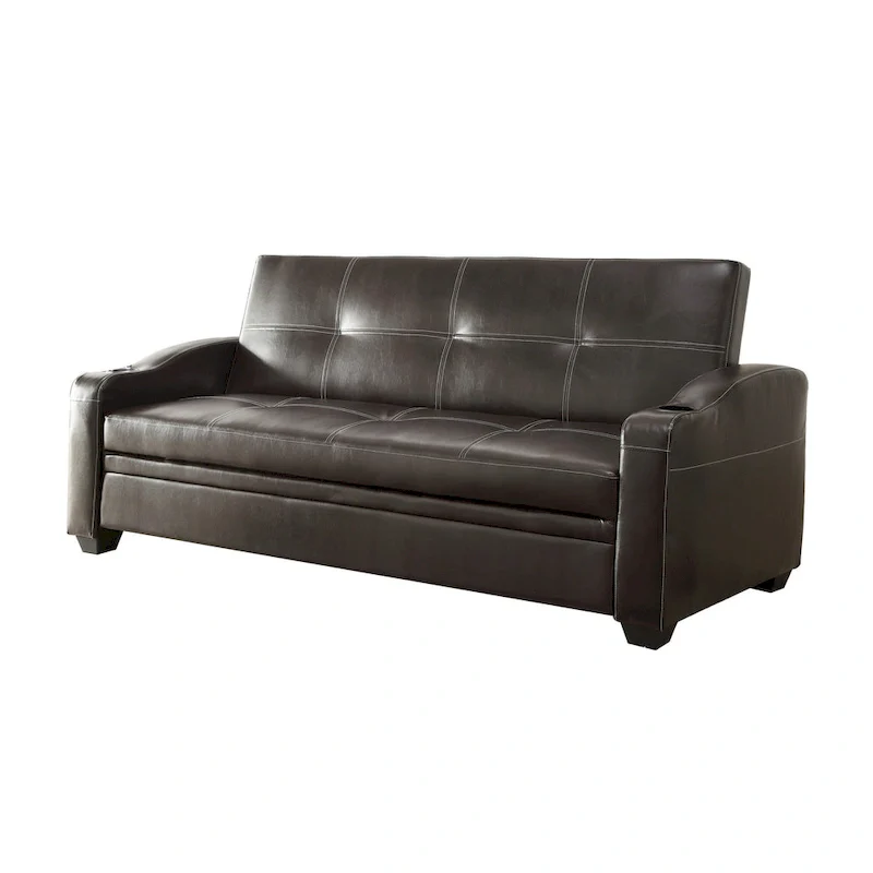 Ferry 83 Inch Lounger Sofa Bed, Tufted Brown Faux Leather, Solid Wood