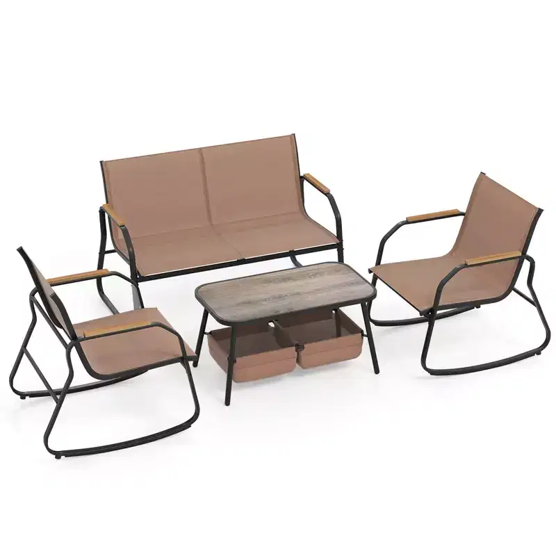 Costway 4 PCS Patio Furniture Set with 2 Rocking Bistro Chairs 2-Tier Coffee Table