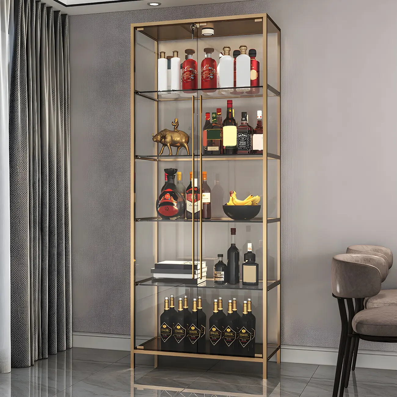 Modern Gold Glass Shelf Display Standard Curio Cabinet