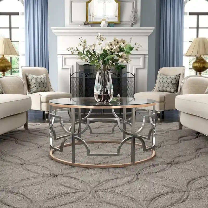 Modern Style Chrome and Gold Round Open Coffee Table