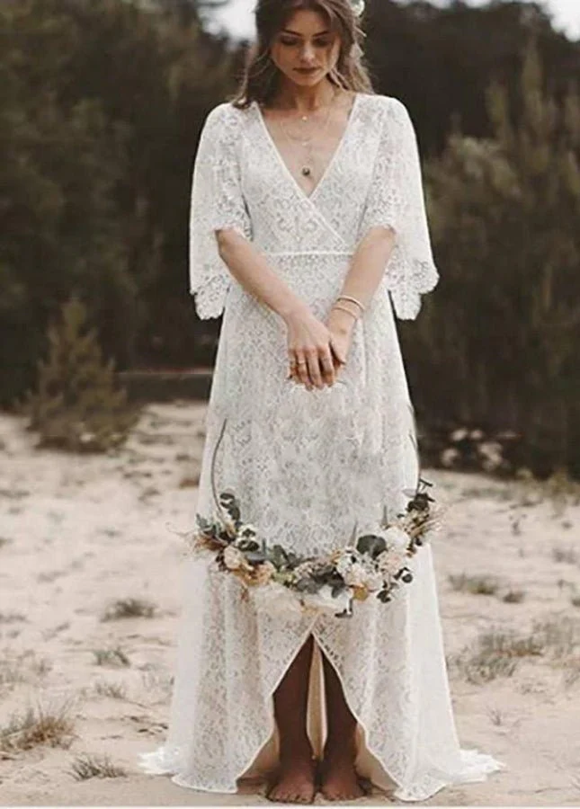 Bohemian Lace Deep V Neck Half Sleeves A Line Beach Wedding Dresses