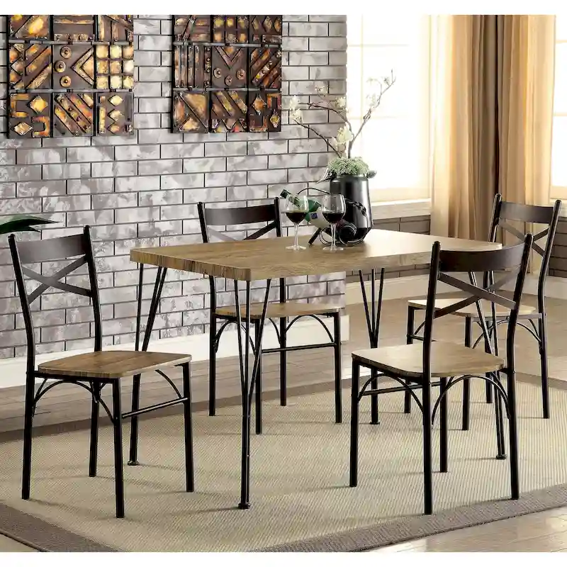 Industrial Metal Dining Table with 4 Chairs - Grey/Brown/Natural