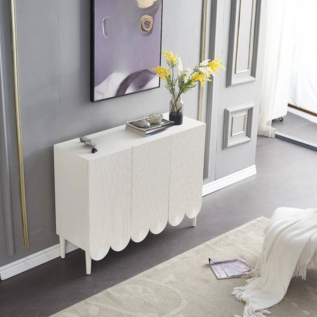 Modern White Wood Scalloped Adjustable Shelves Cabinet
