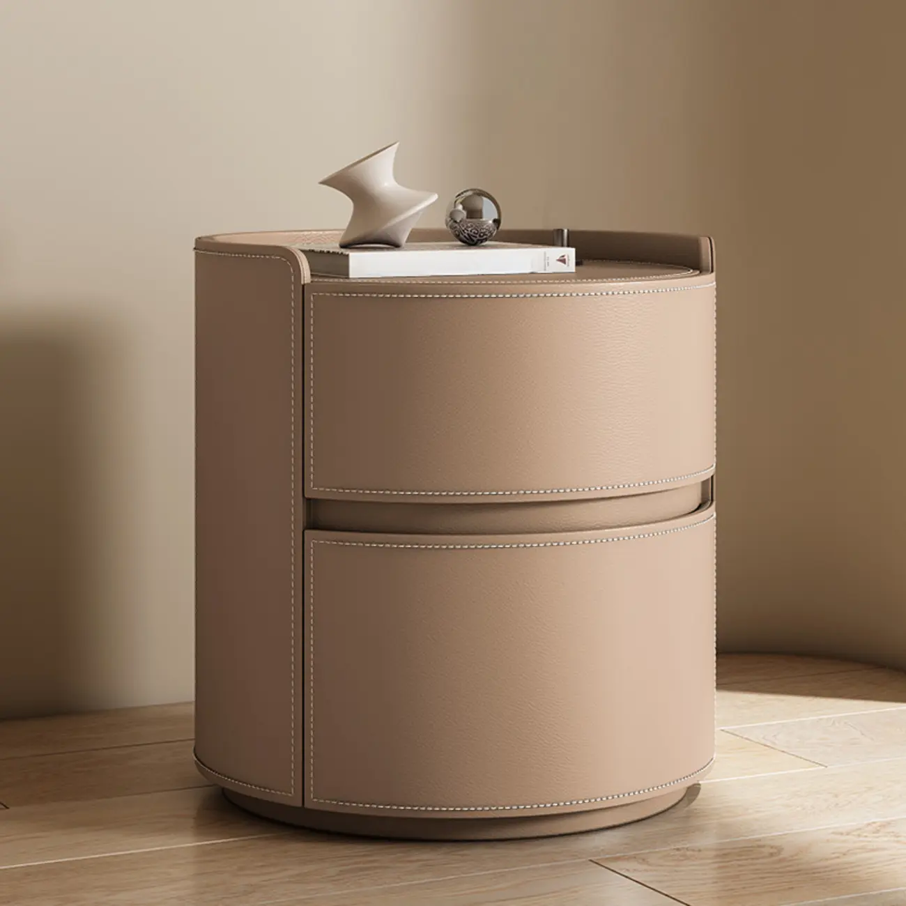 Modern Leather Tray Round 2-Drawer Nightstand