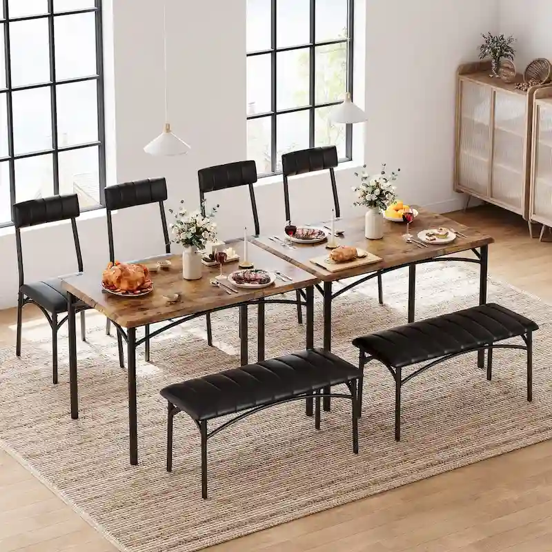 4 Piece Kitchen Table Set with 2 Upholstered Chairs, 1 Bench, 1 Dining Table