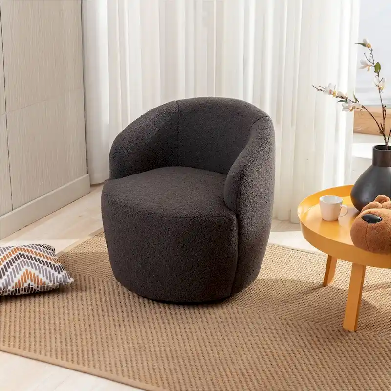 360° Swivel Barrel Accent Chair – Soft Teddy Fabric, Ergonomic Backrest