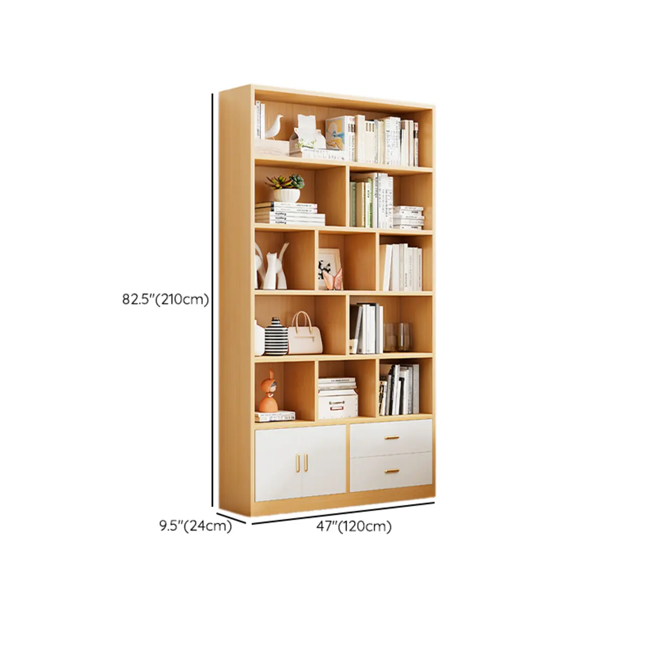 Natural Finish Narrow 6 Shelves Wooden Bookcase with Drawer