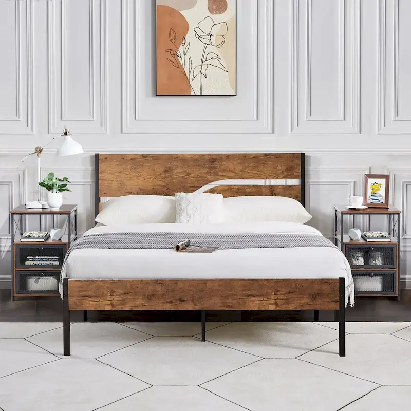 Bedroom Set of 3,Platform Bed Frame and Modern Nightstands Set of 2