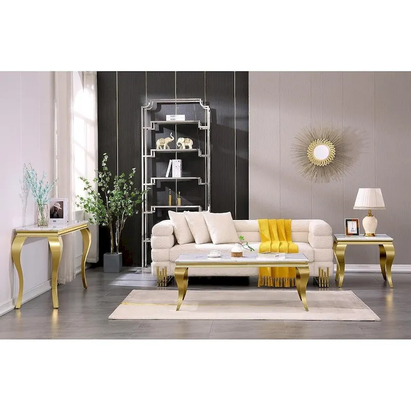 White and Gold End Table Side Table with Polished Gold Cabriole Legs