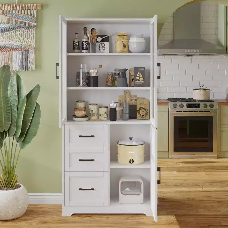 Karl Home 66.9in.H White Display Cabinet Storage Cabinet with 3 Doors 3 Drawers 5 Shelves Modern Style
