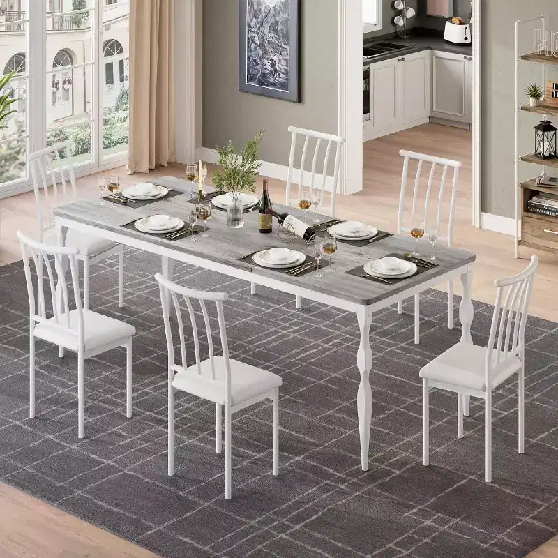 Rectangular Dining Table for 6, 78 Inch Long Kitchen Table with Large Tabletop, Wooden Dinette and Dinner Desk for Party, Big Family, Grey + White