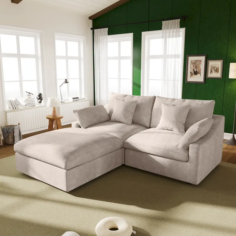 82.68   Down Filled Sectional Couch L-shape Linen Upholstered Loveseat with Ottoman