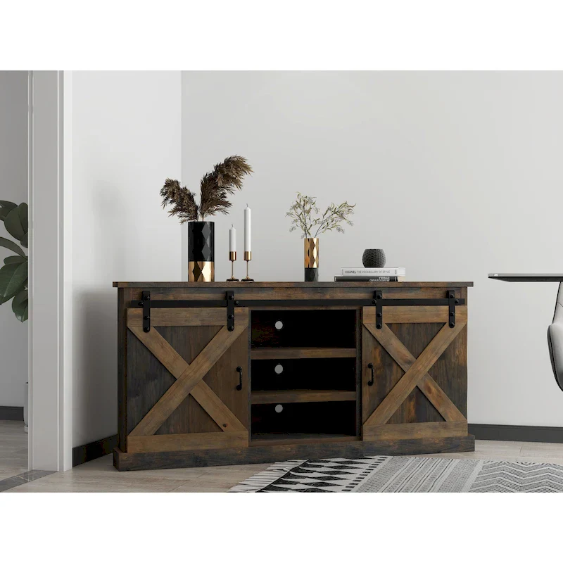 Farmhouse 66 inch Corner TV Stand for TVs up to 80 inches, No Assembly Required, Barnwood Finish