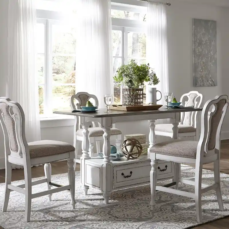Magnolia Manor Antique White Weathered Bark 5 Piece Gathering Table Set