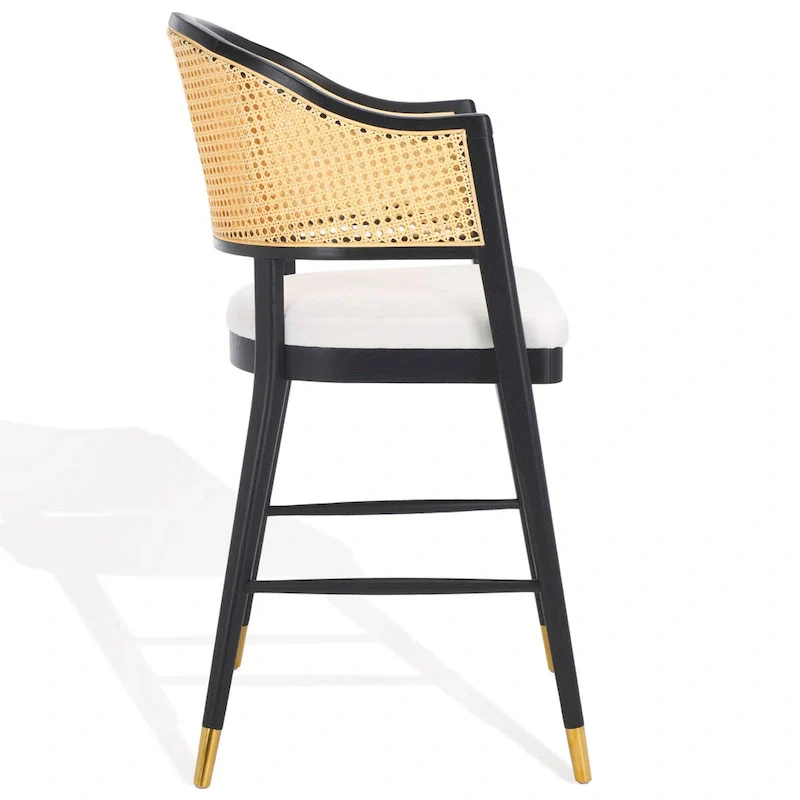 Black/Natural / Natural Rattan Back Barstool with Linen Seat, 27 Inch, 1-Person