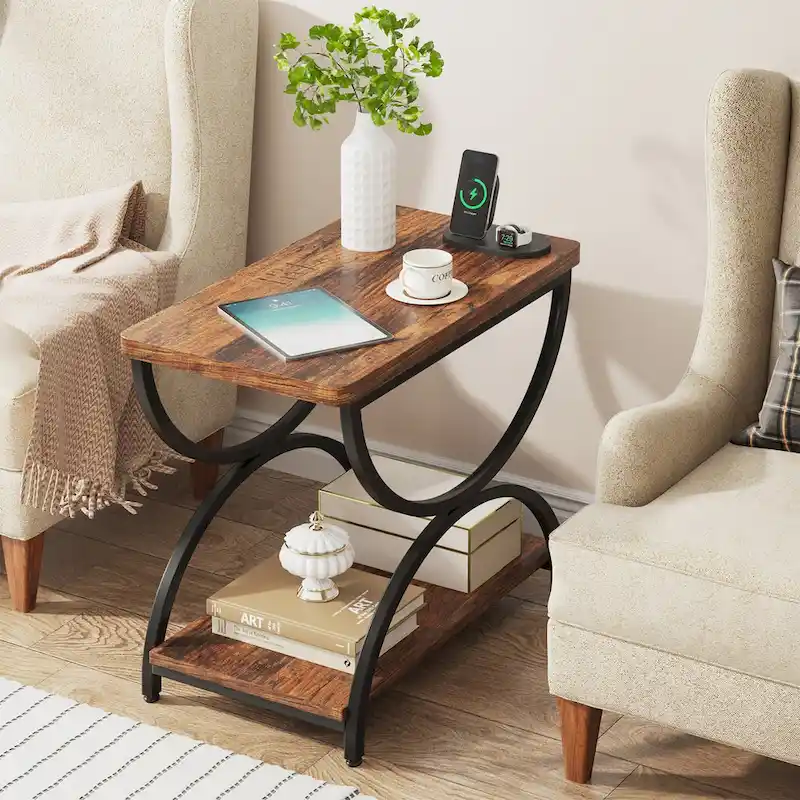 2-Tier RectangularWood Metal End Side Accent Table Nightstand