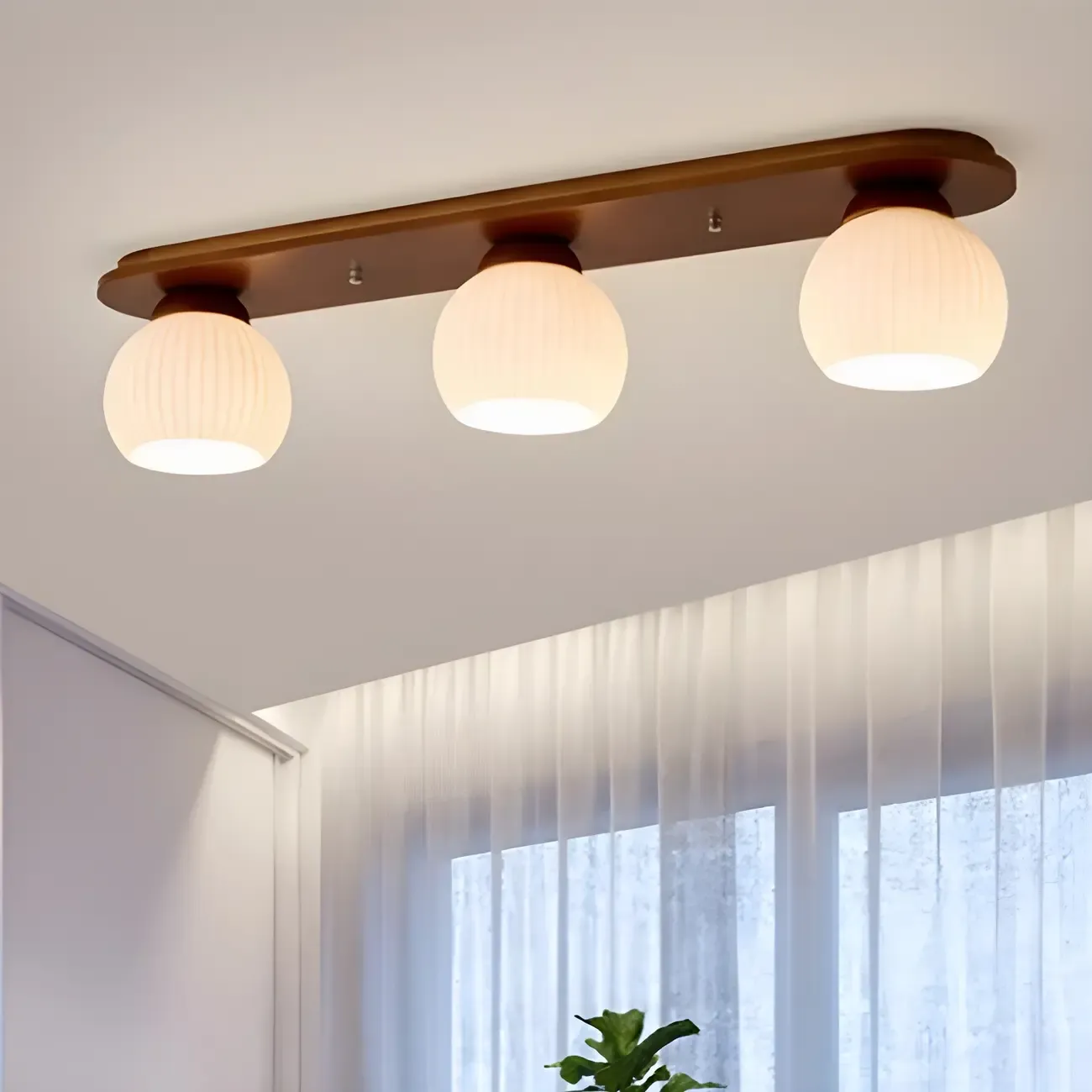 White Globe Glass Natural Wood Flush Mount Ceiling Light