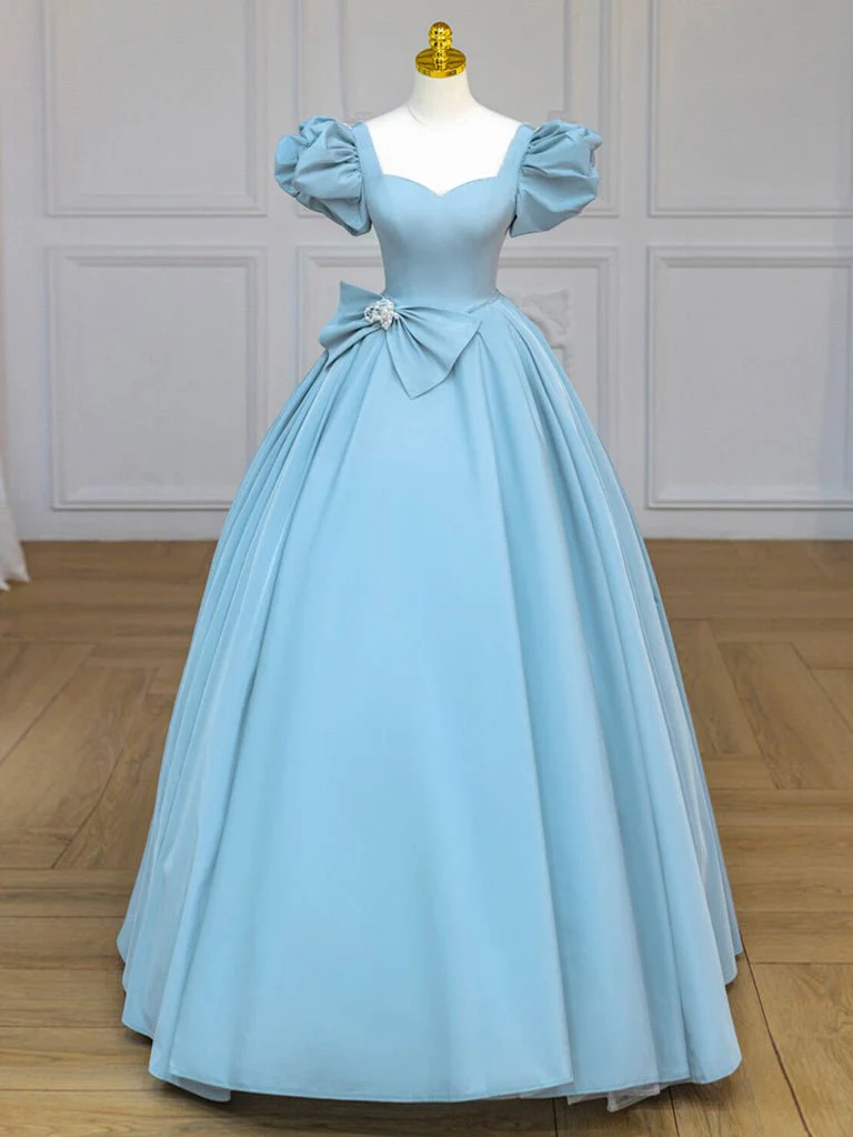 Quinceanera Dress Blue Satin Puff Sleeves Long Prom Gown