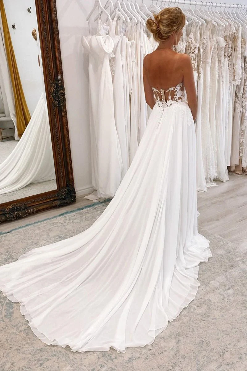White Sweetheart Long Lace Boho Wedding Dress with Slit